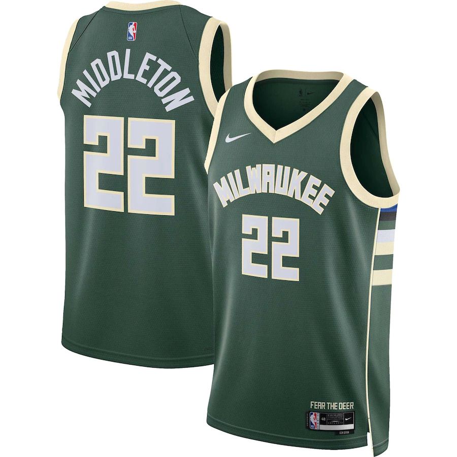 Men Milwaukee Bucks #22 Khris Middleton Nike Hunter Green Icon Edition 2022-23 Swingman NBA Jersey